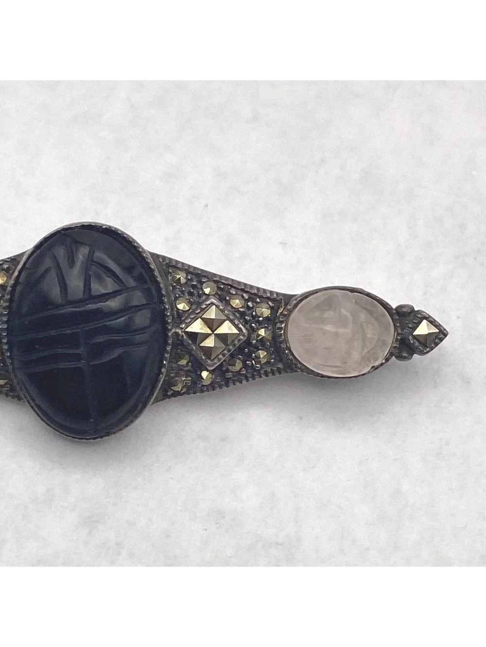 VTG Sterling Silver Multi Stone Carved Scarab Brooch, Egyptian Revival Brooch.
